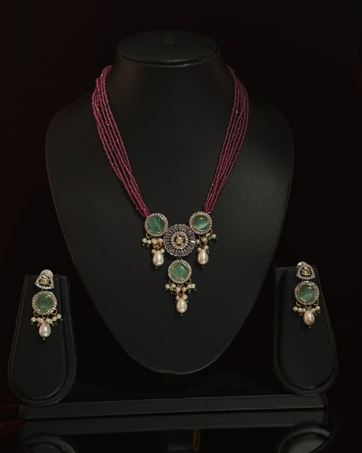 Mint Jade Kundan Beaded Necklace Set