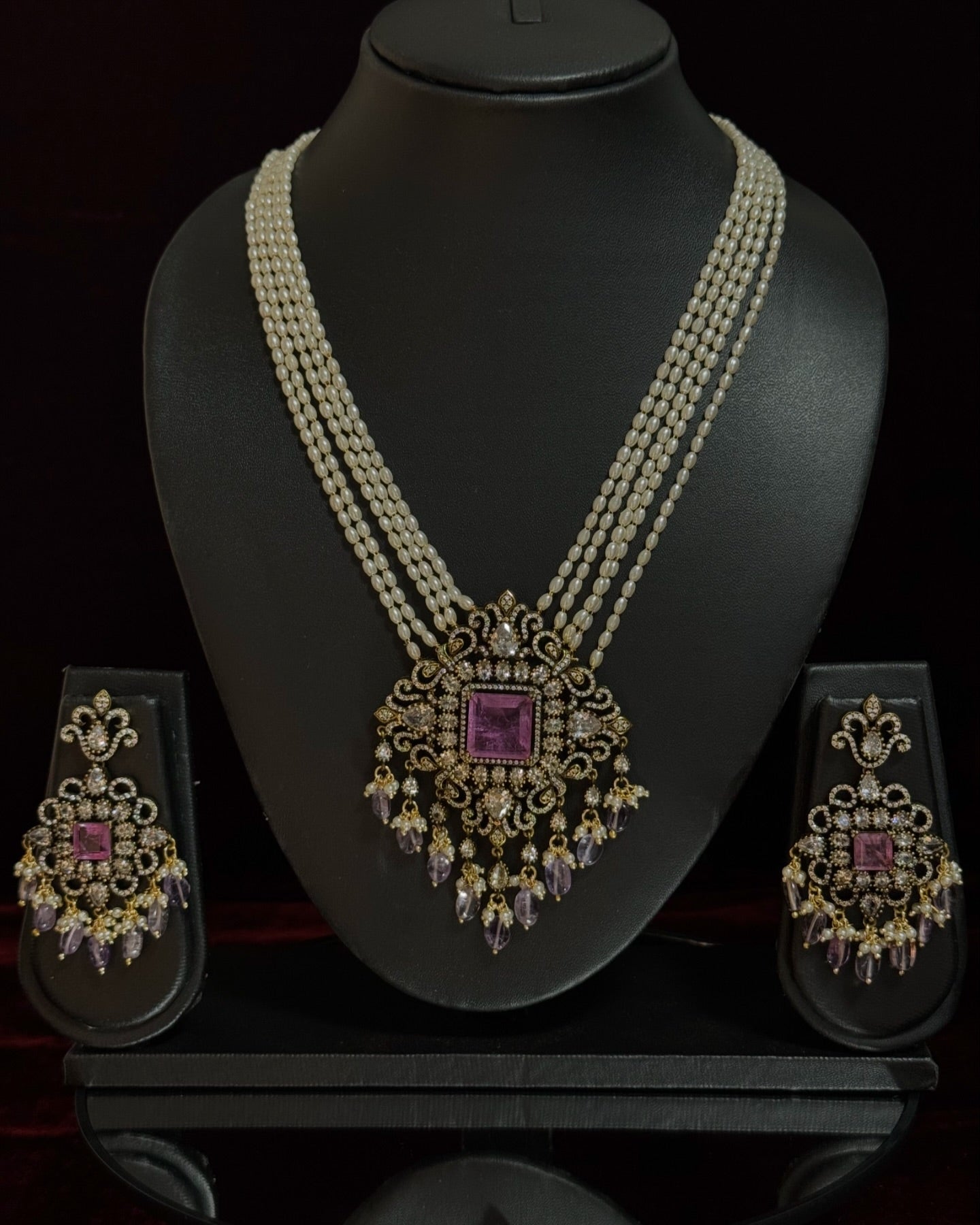 Pearl Multi-Strand Pendant Set (purple stone centerpiece)