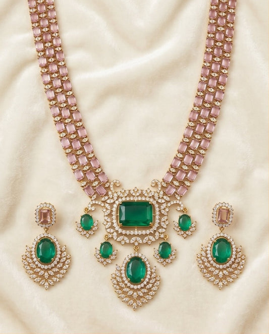 Emerald Pastel Pink CZ Necklace Set