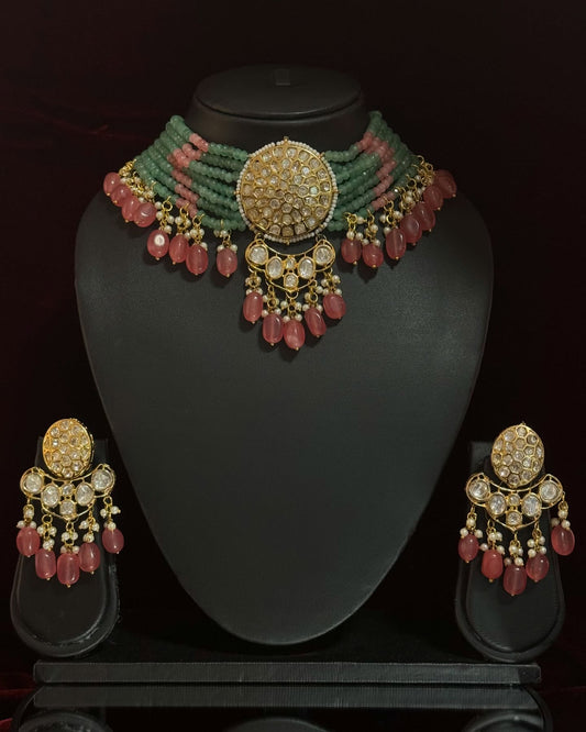 Ruby Beaded Kundan Pendant Necklace Set