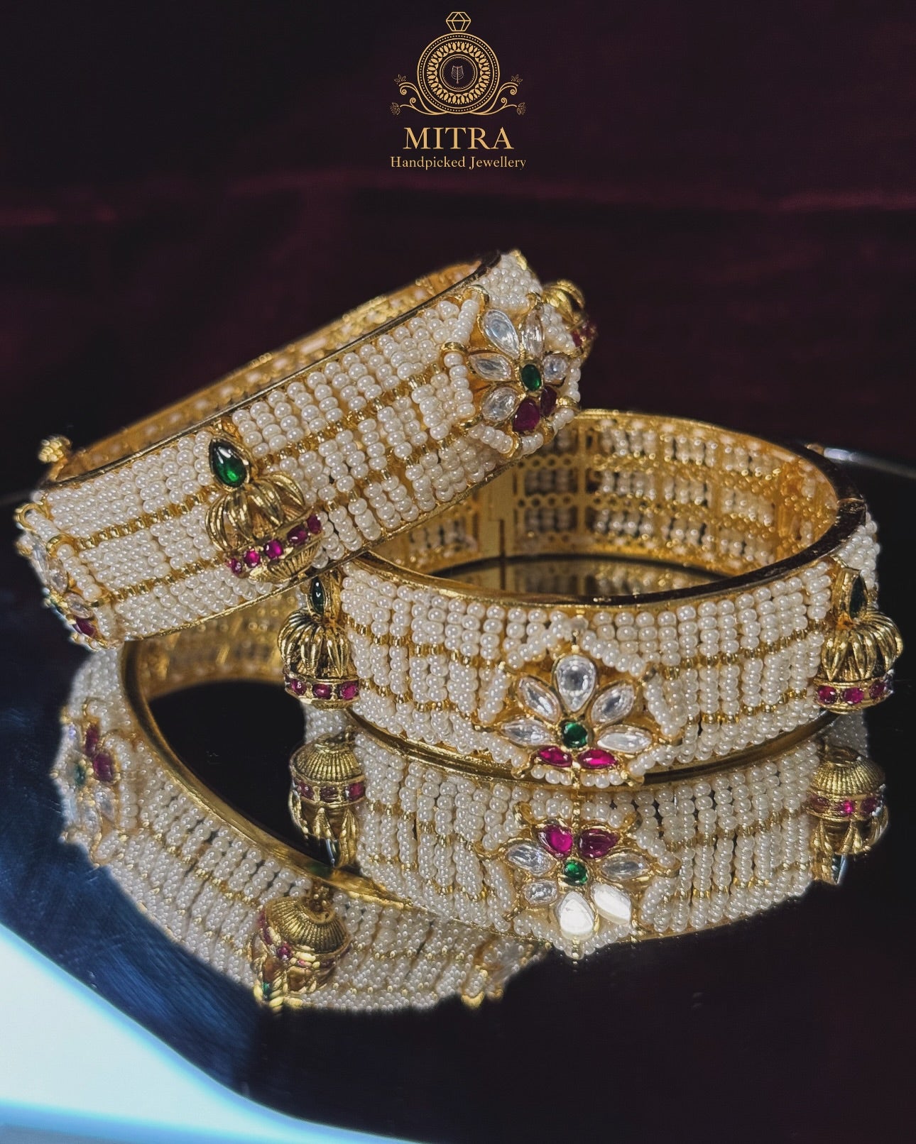Mitra Ruby Red Pearl Kundan Bangle Set