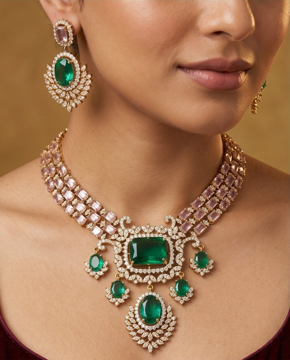 Emerald Pastel Pink CZ Necklace Set