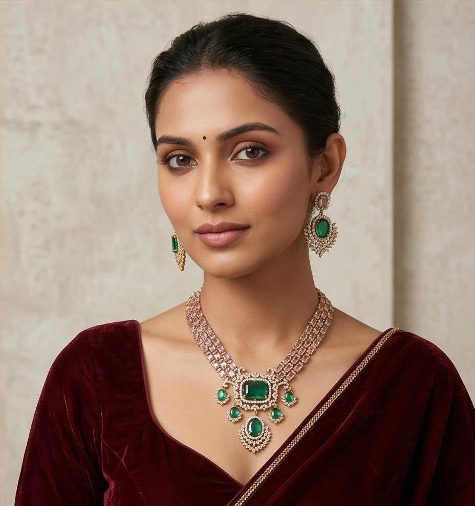 Emerald Pastel Pink CZ Necklace Set