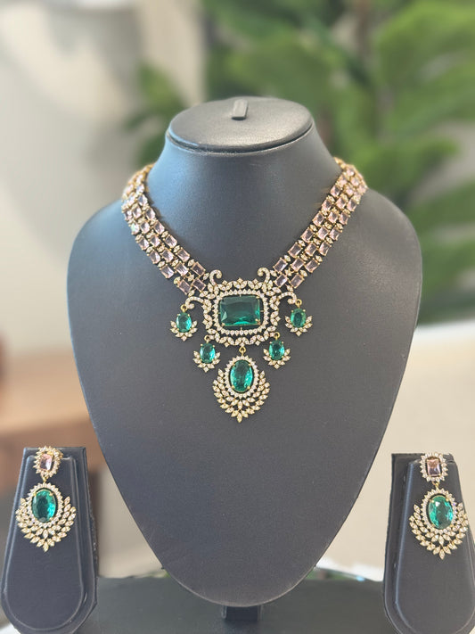 Emerald Pastel Pink CZ Necklace Set
